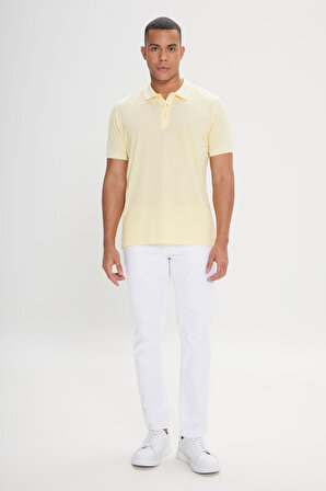Erkek Çekmeyen Pamuklu Kumaş Slim Fit Dar Kesim Sarı-Beyaz Kıvrılmaz Polo Yaka Tişört