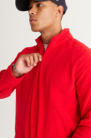 Erkek Kırmızı Anti-pilling Tüylenme Yapmayan Standart Fit Bato Yaka Soğuk Geçirmez Polar Sweatshirt