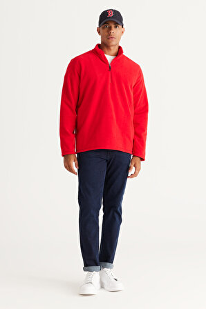 Erkek Kırmızı Anti-pilling Tüylenme Yapmayan Standart Fit Bato Yaka Soğuk Geçirmez Polar Sweatshirt