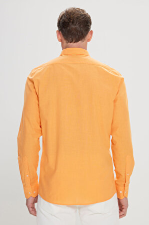 Erkek Turuncu Tailored Slim Fit Oxford Düğmeli Yaka Keten Görünümlü %100 Pamuk Flamlı Gömlek