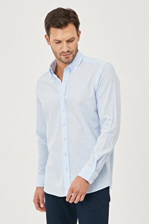 Erkek Açık Mavi Tailored Slim Fit Oxford Düğmeli Yaka Keten Görünümlü %100 Pamuk Flamlı Gömlek