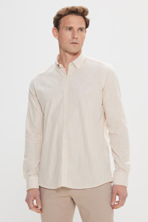 Erkek Bej Tailored Slim Fit Dar Kesim Oxford Düğmeli Yaka Keten Görünümlü %100 Pamuk Flamlı Gömlek