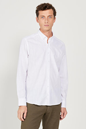 Erkek Beyaz Tailored Slim Fit Dar Kesim Oxford Düğmeli Yaka Keten Görünümlü %100 Pamuk Flamlı Gömlek
