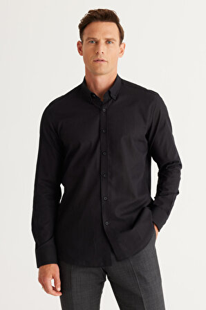 Erkek Siyah Tailored Slim Fit Dar Kesim Oxford Düğmeli Yaka Keten Görünümlü %100 Pamuk Flamlı Gömlek