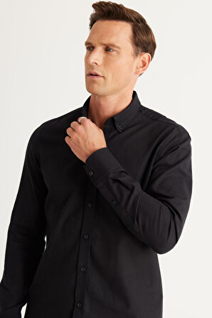 Erkek Siyah Tailored Slim Fit Dar Kesim Oxford Düğmeli Yaka Keten Görünümlü %100 Pamuk Flamlı Gömlek