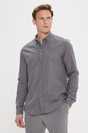 Erkek Antrasit Tailored Slim Fit Oxford Düğmeli Yaka Keten Görünümlü %100 Pamuk Flamlı Gömlek
