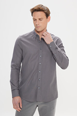 Erkek Antrasit Tailored Slim Fit Oxford Düğmeli Yaka Keten Görünümlü %100 Pamuk Flamlı Gömlek