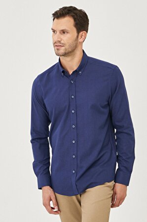 Erkek Lacivert Tailored Slim Fit Oxford Düğmeli Yaka Keten Görünümlü %100 Pamuk Flamlı Gömlek