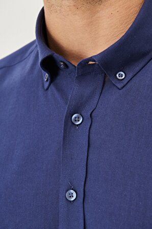 Erkek Lacivert Tailored Slim Fit Oxford Düğmeli Yaka Keten Görünümlü %100 Pamuk Flamlı Gömlek
