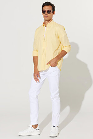 Tailored Slim Fit Dar Kesim Oxford Düğmeli Yaka Keten Görünümlü %100 Pamuk Flamlı Gömlek
