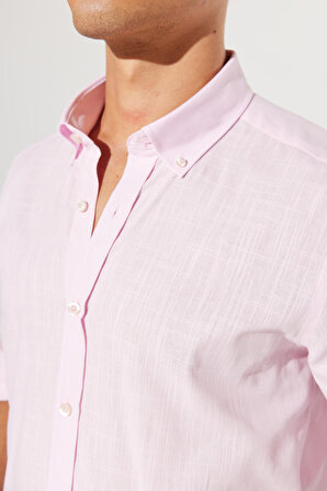 Erkek Pembe Tailored Slim Fit Dar Kesim Oxford Düğmeli Yaka Keten Görünümlü %100 Pamuk Flamlı Gömlek