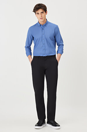 Erkek Indigo Tailored Slim Fit Oxford Düğmeli Yaka Keten Görünümlü %100 Pamuk Flamlı Gömlek