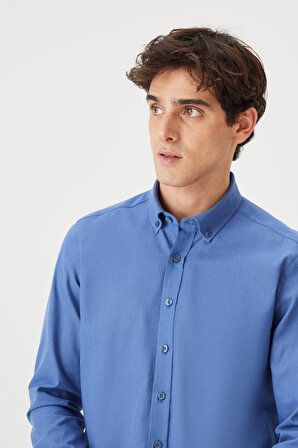 Erkek Indigo Tailored Slim Fit Oxford Düğmeli Yaka Keten Görünümlü %100 Pamuk Flamlı Gömlek