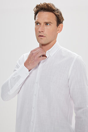 Erkek Beyaz Tailored Slim Fit Dar Kesim Oxford Düğmeli Yaka Keten Görünümlü %100 Pamuk Flamlı Gömlek