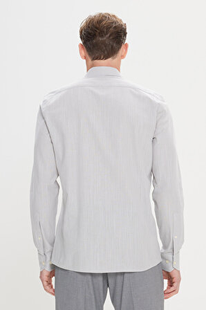 Erkek Gri Tailored Slim Fit Dar Kesim Oxford Düğmeli Yaka Keten Görünümlü %100 Pamuk Flamlı Gömlek