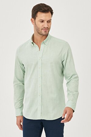 Erkek A.mınt Tailored Slim Fit Oxford Düğmeli Yaka Keten Görünümlü %100 Pamuk Flamlı Gömlek