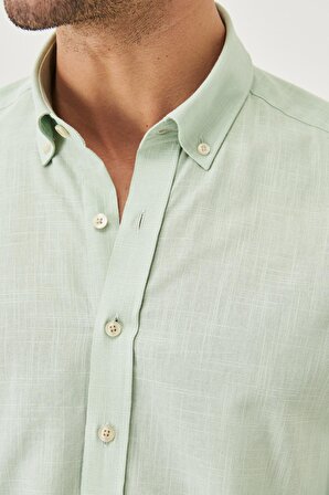Erkek A.mınt Tailored Slim Fit Oxford Düğmeli Yaka Keten Görünümlü %100 Pamuk Flamlı Gömlek