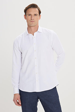 Erkek Beyaz Slim Fit Dar Kesim Klasik Yaka Armürlü Gömlek
