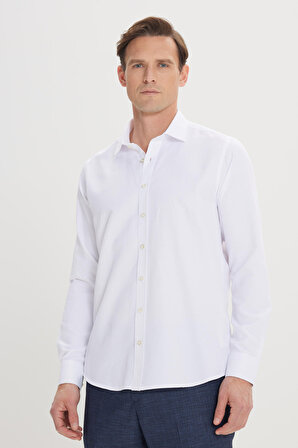 Erkek Beyaz Slim Fit Dar Kesim Klasik Yaka Armürlü Gömlek