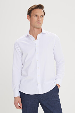 Erkek Beyaz Slim Fit Dar Kesim Italyan Yaka Armürlü Gömlek
