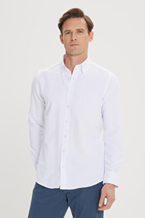 Erkek Beyaz Slim Fit Dar Kesim Oxford Uzun Düğmeli Yaka Armürlü Gömlek