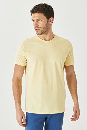 Erkek Sarı %100 Pamuk Slim Fit Dar Kesim Bisiklet Yaka Kısa Kollu Tişört