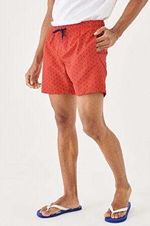 Erkek Kırmızı-lacivert Standart Fit Normal Kesim Desenli Hızlı Kuruyan Mayo Deniz Şortu