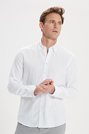 Erkek Beyaz Slim Fit Dar Kesim Gizli Düğmeli Yaka Keten Görünümlü %100 Pamuk Flamlı Gömlek