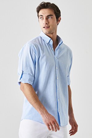Erkek Açık Mavi Comfort Fit Rahat Kesim Düğmeli Yaka Casual Keten Gömlek