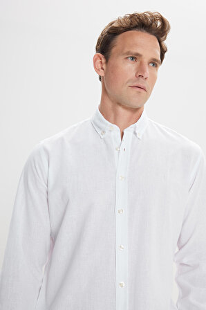 Erkek Beyaz Comfort Fit Rahat Kesim Düğmeli Yaka Casual Keten Gömlek