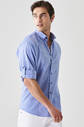 Erkek Saks Mavi Comfort Fit Rahat Kesim Düğmeli Yaka Casual Keten Gömlek