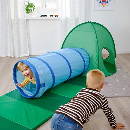 Çocuk Oyun Tüneli, Mavi-Yeşil Renk 126 Cm,Katlanabilir Çocuk Oyun Aktivitesi Katlanır Oyun Tüneli