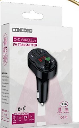 Concord C-615 Bluetooth Görüşme ve Müzik Dinleme Ekranlı Fm Transmitter Çift USB Şarj USB/TF