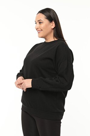 Kadın Büyük Beden Basıc Şardonlu Siyah Sweatshirt