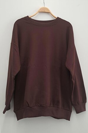 Kadın Büyük Beden Basıc Şardonlu Kahverengi Sweatshirt