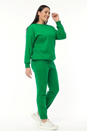 Kadın Büyük Beden Basıc Şardonlu Yeşil Sweatshirt
