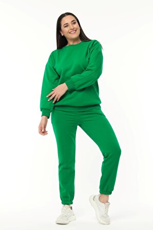 Kadın Büyük Beden Basıc Şardonlu Yeşil Sweatshirt