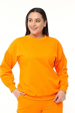 Kadın Büyük Beden Basıc Şardonlu Turuncu Sweatshirt