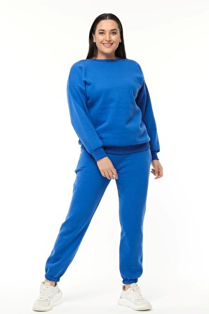 Kadın Büyük Beden Basıc Şardonlu Mavi Sweatshirt