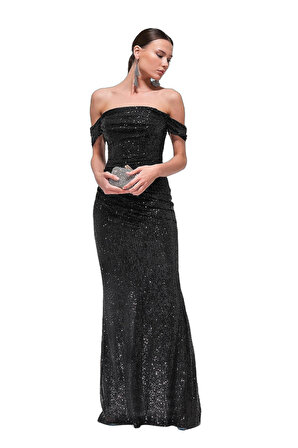 Explosion Payetli Balon Kol Siyah Kadın Gece Elbisesi 22457128