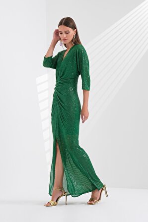 Explosion V Yaka Payetli Yeşil Kadın Gece Elbisesi 22457387