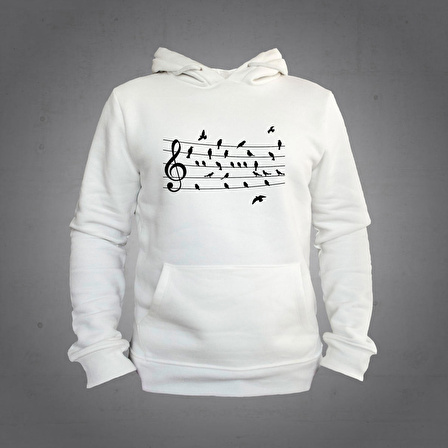 Herşey Nota Nota Kuş Beyaz Kapüşonlu Sweatshirt Hoddie