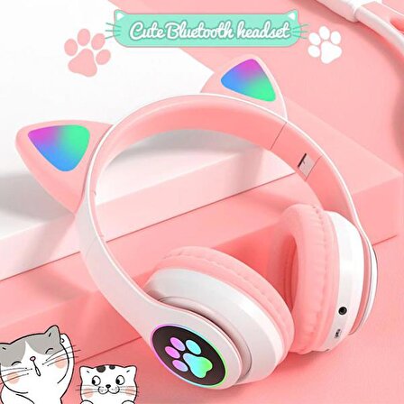 Polham BT5.0V Led Işıklı Kedi Tipi Kafa Üstü Bluetooth Kulaklık, Pati ve Kedi Kulak Tasarımlı Yeni Nesil Kulaklık