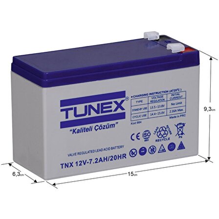 TUNEX 12V 7A 1,86 Kg Kuru Bakımsız Akü (151*65*94*100 Mm) TNX-12V7A