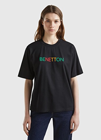 Benetton Bisiklet Yaka Siyah Kadın T-Shirt 3BL0D1064