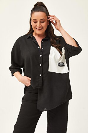 Kadın Büyük Beden Asimetrik Tasarım Salaş Siyah Keten Gömlek