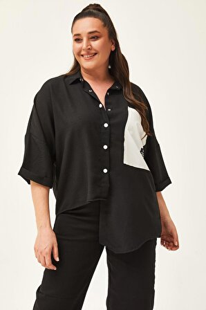 Kadın Büyük Beden Asimetrik Tasarım Salaş Siyah Keten Gömlek