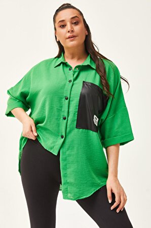 Kadın Büyük Beden Asimetrik Tasarım Salaş Yeşil Keten Gömlek