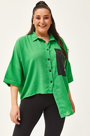 Kadın Büyük Beden Asimetrik Tasarım Salaş Yeşil Keten Gömlek