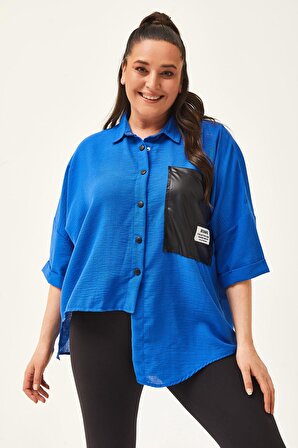 Kadın Büyük Beden Asimetrik Tasarım Salaş Mavi Keten Gömlek